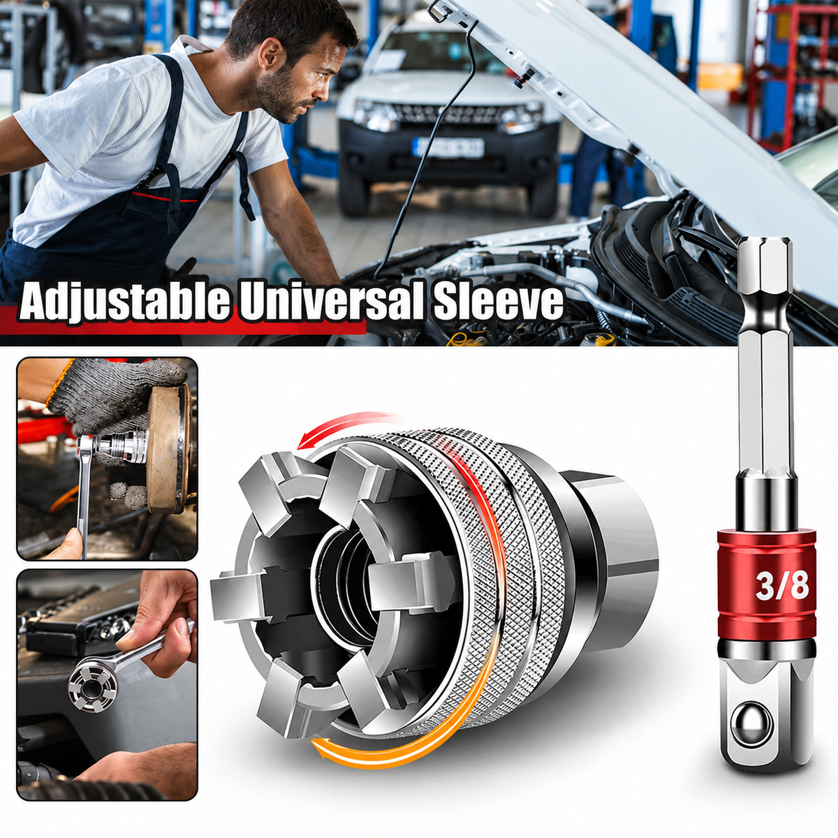 Adjustable universal socket in use on automotive hardware