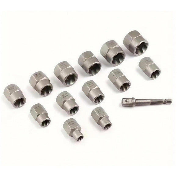 Thirteen Rowvane extractor sockets and the 1/4 inch hex drive adapter laid out