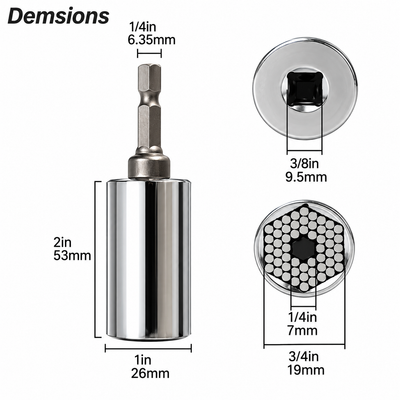 Dimensions: 2 inch body, 1 inch diameter, 3/8 inch drive, 7 to 19 mm range