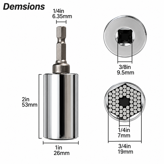 Dimensions: 2 inch body, 1 inch diameter, 3/8 inch drive, 7 to 19 mm range